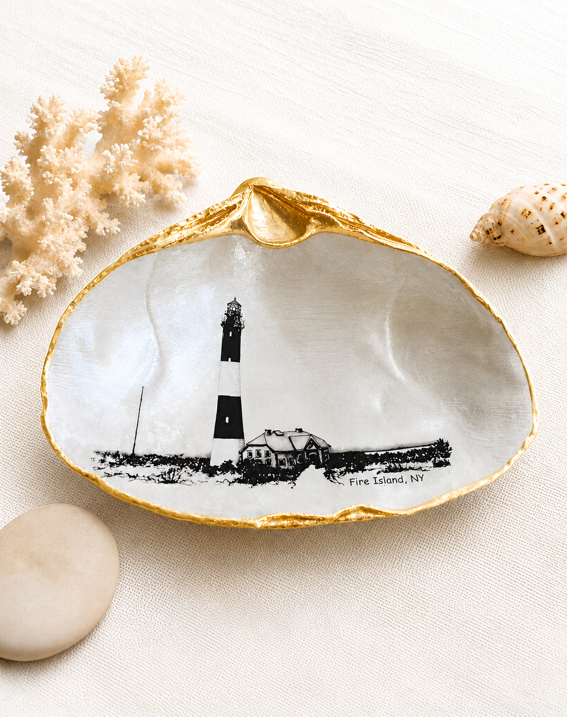 Decoupage Clam Shell Trinket Dish Fire Island Lighthouse Art, Coastal Home Decor