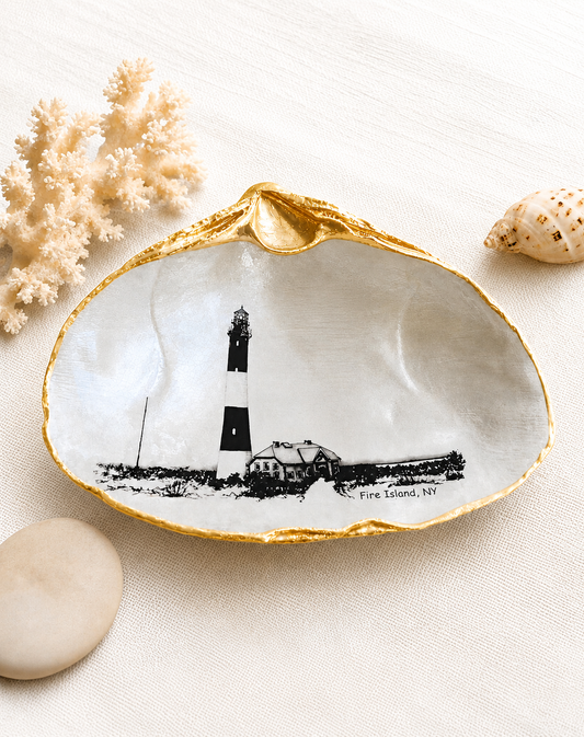 Decoupage Clam Shell Trinket Dish Fire Island Lighthouse Art, Coastal Home Decor