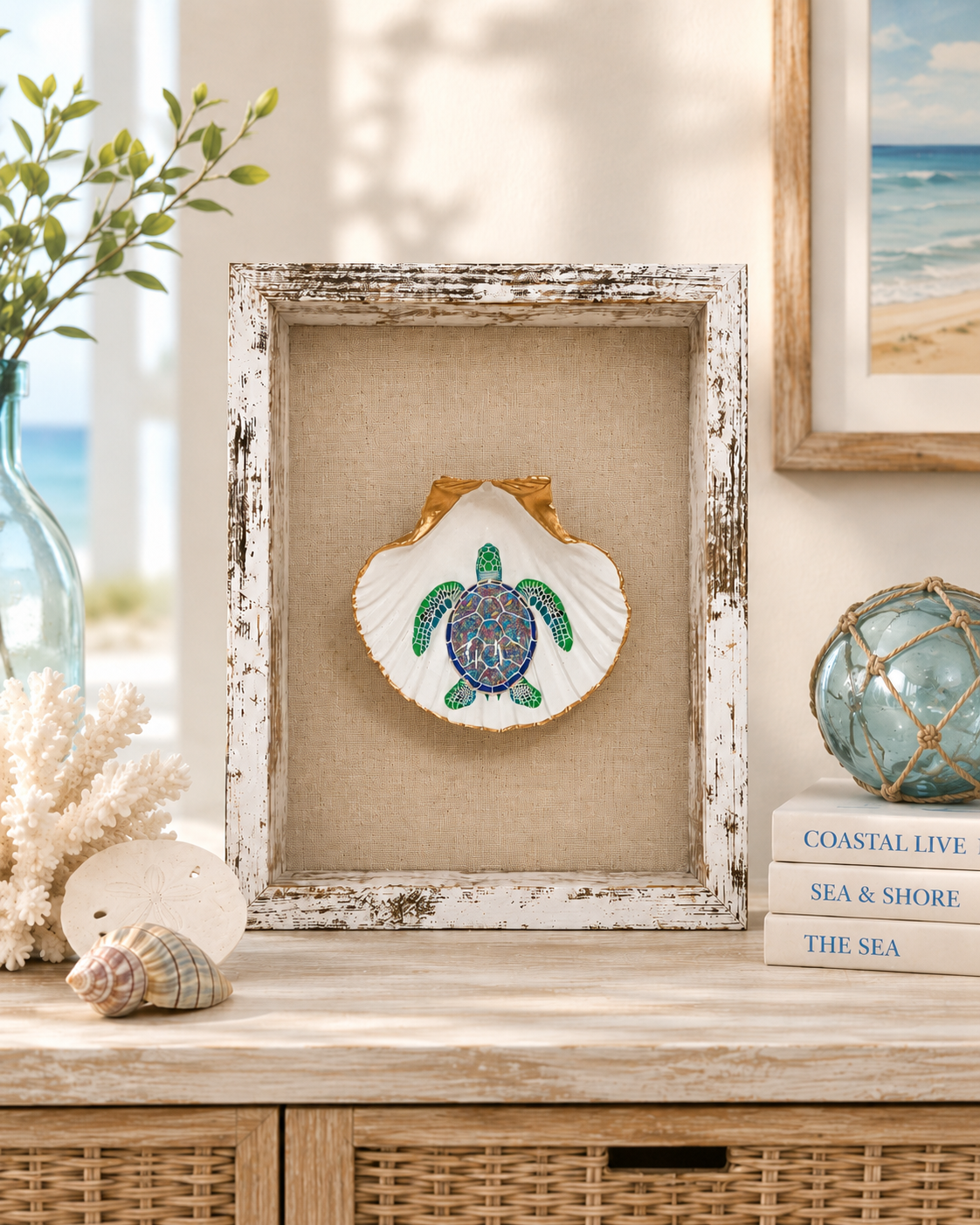 Pufferfish Scallop Shell Wall Art, Handcrafted Coastal Shadow Box, Framed Beach Decor, Ocean Life Gift, Tropical Fish Art, Beach House Art