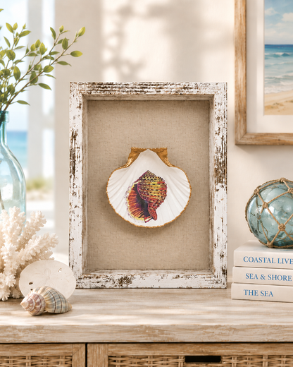 Pufferfish Scallop Shell Wall Art, Handcrafted Coastal Shadow Box, Framed Beach Decor, Ocean Life Gift, Tropical Fish Art, Beach House Art