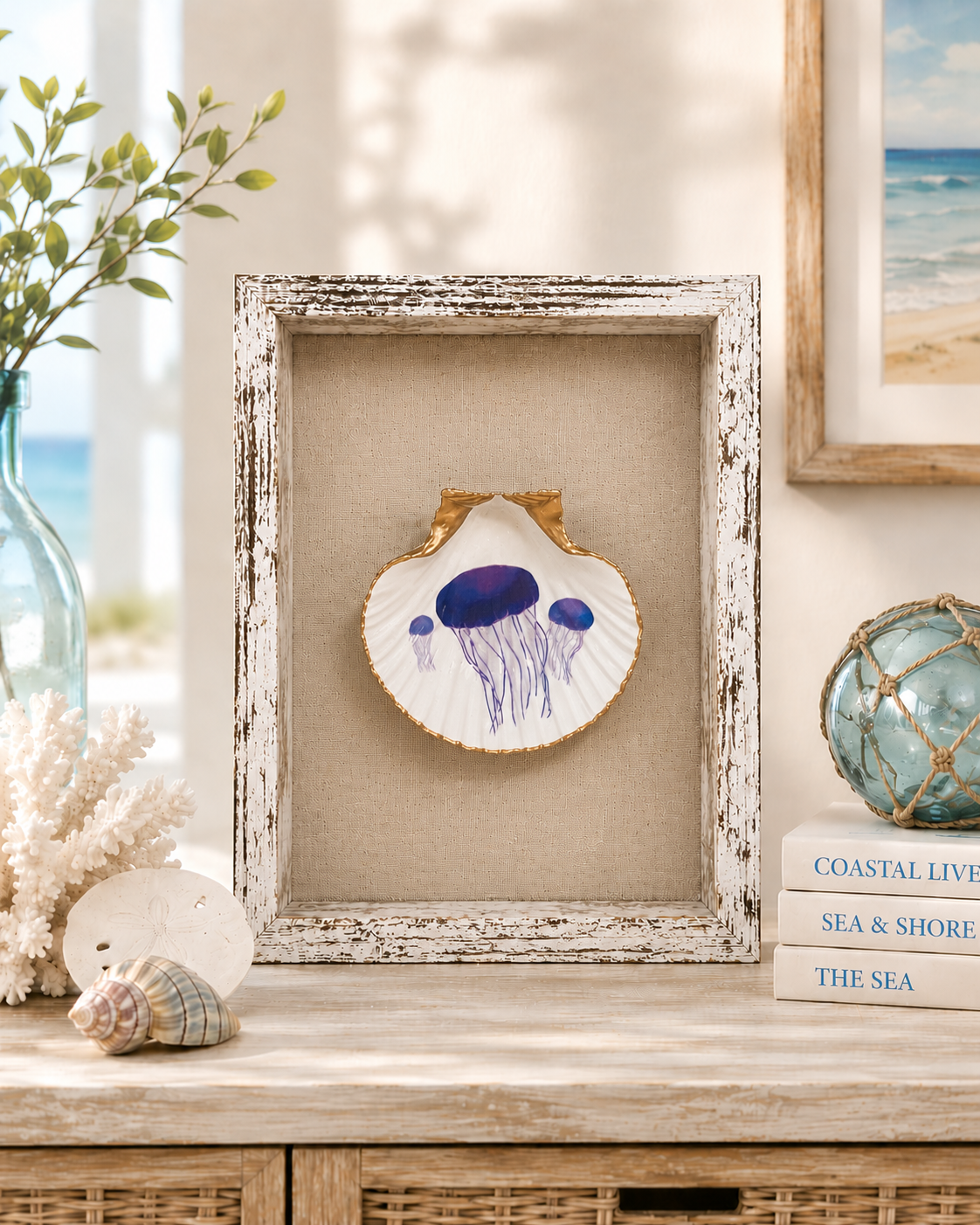 Pufferfish Scallop Shell Wall Art, Handcrafted Coastal Shadow Box, Framed Beach Decor, Ocean Life Gift, Tropical Fish Art, Beach House Art