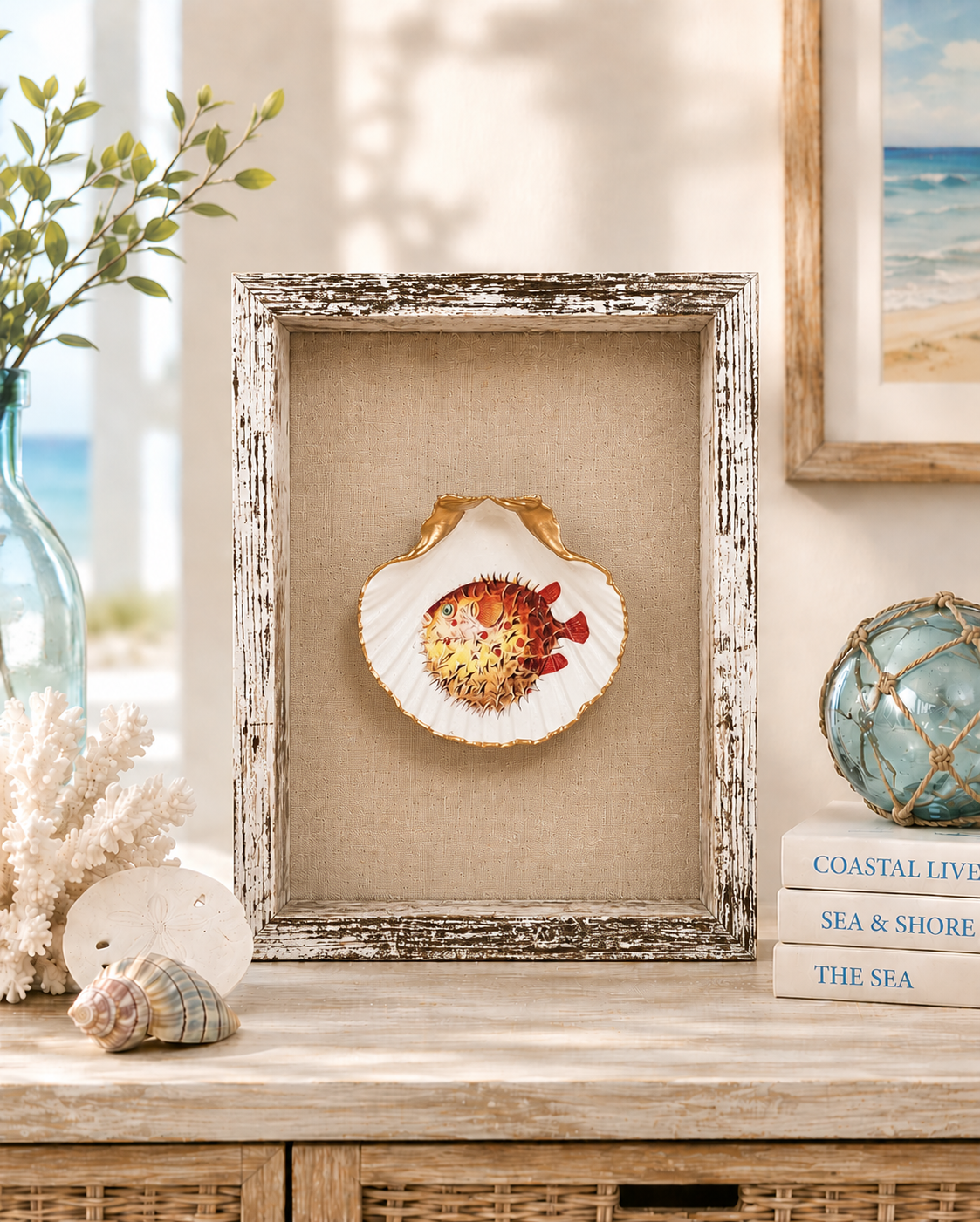 Pufferfish Scallop Shell Wall Art, Handcrafted Coastal Shadow Box, Framed Beach Decor, Ocean Life Gift, Tropical Fish Art, Beach House Art