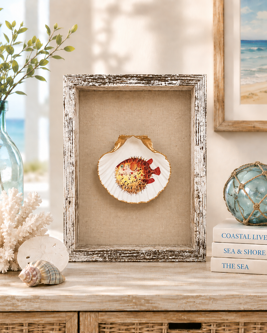 Pufferfish Scallop Shell Wall Art, Handcrafted Coastal Shadow Box, Framed Beach Decor, Ocean Life Gift, Tropical Fish Art, Beach House Art