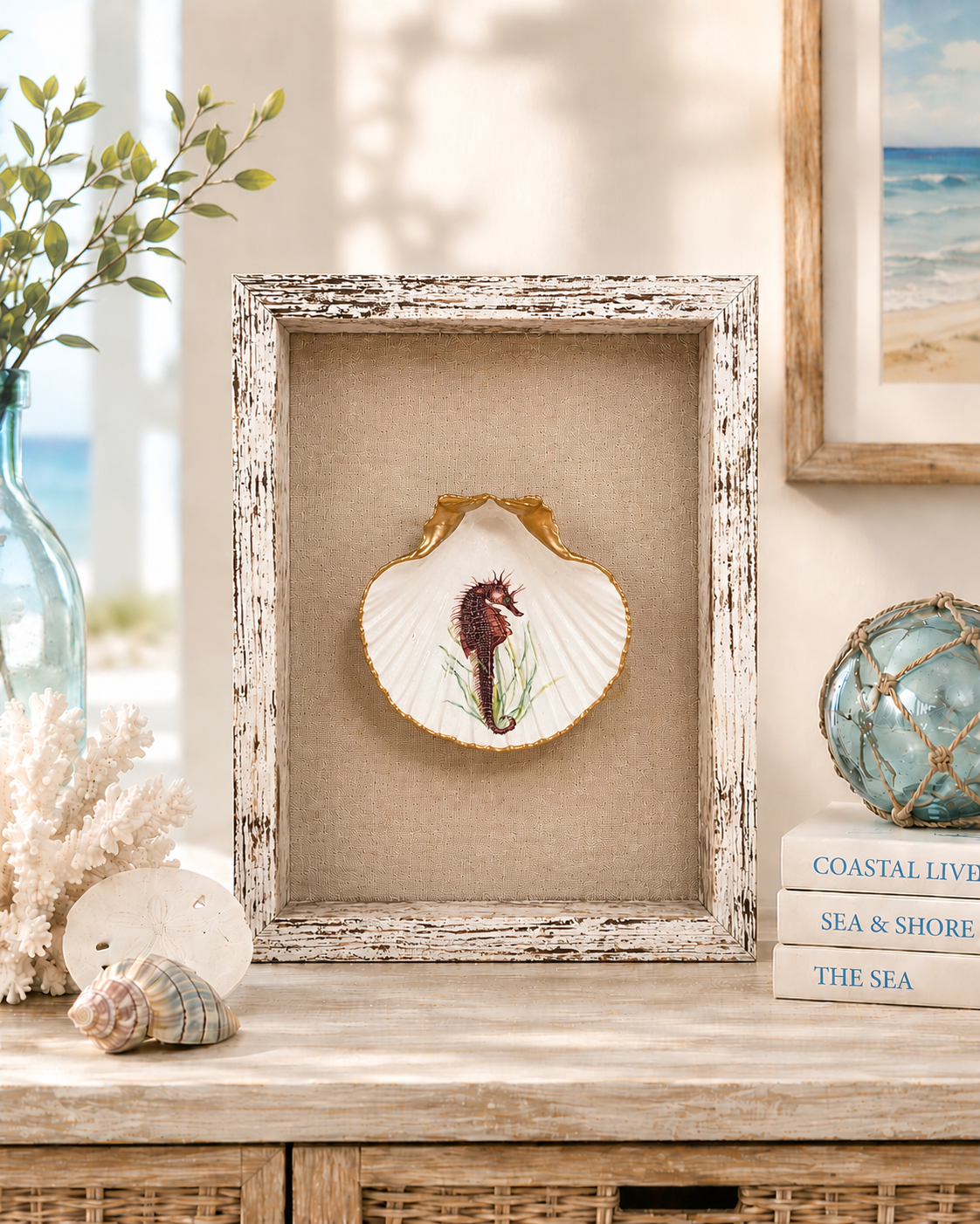 Pufferfish Scallop Shell Wall Art, Handcrafted Coastal Shadow Box, Framed Beach Decor, Ocean Life Gift, Tropical Fish Art, Beach House Art