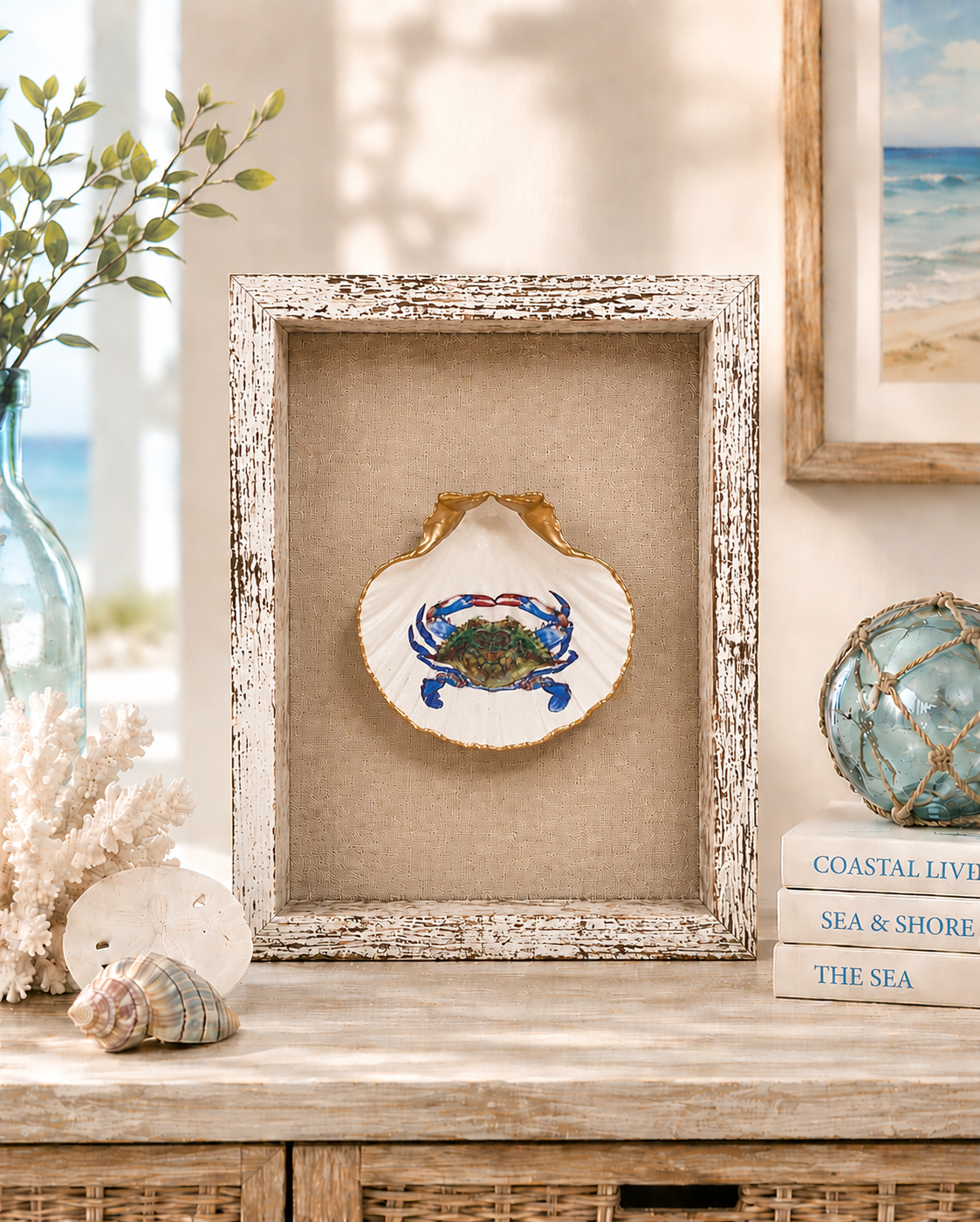 Pufferfish Scallop Shell Wall Art, Handcrafted Coastal Shadow Box, Framed Beach Decor, Ocean Life Gift, Tropical Fish Art, Beach House Art