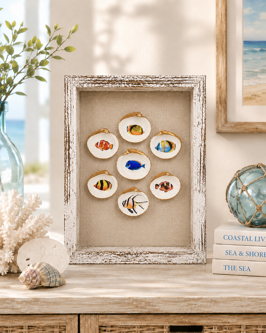 Tropical Fish Shell Shadow Box, Handcrafted Coastal Wall Art, Beach Cottage Decor, Framed Seashell Collage, Ocean Lover Gift