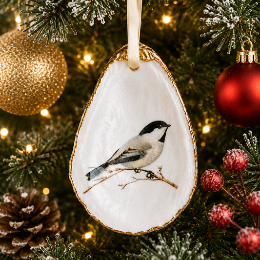 Chickadee Oyster Shell Christmas Ornament, Woodland Holiday Decor, Bird Lover Gift, Christmas Keepsake