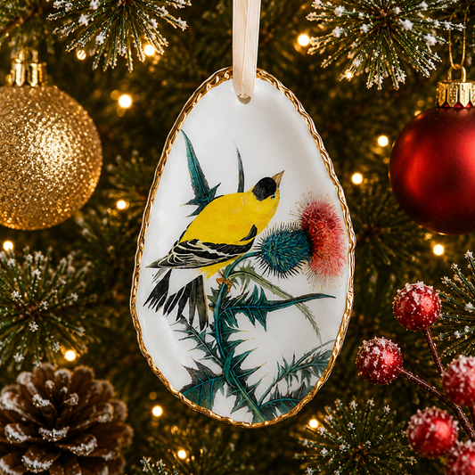 Goldfinch Oyster Shell Ornament, Goldfinch Lover Gift, Holiday Decor, Christmas Keepsake