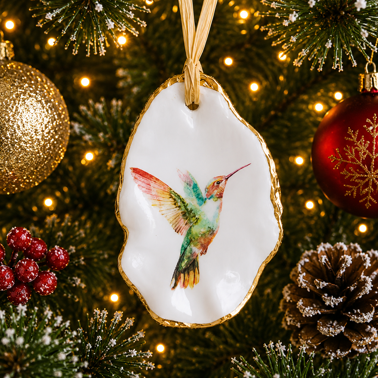 Hummingbird Oyster Shell Christmas Ornament, Bird Lover Gift, Coastal Holiday Decor, Christmas Keepsake