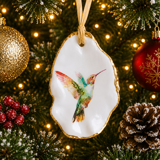 Hummingbird Oyster Shell Christmas Ornament, Bird Lover Gift, Coastal Holiday Decor, Christmas Keepsake