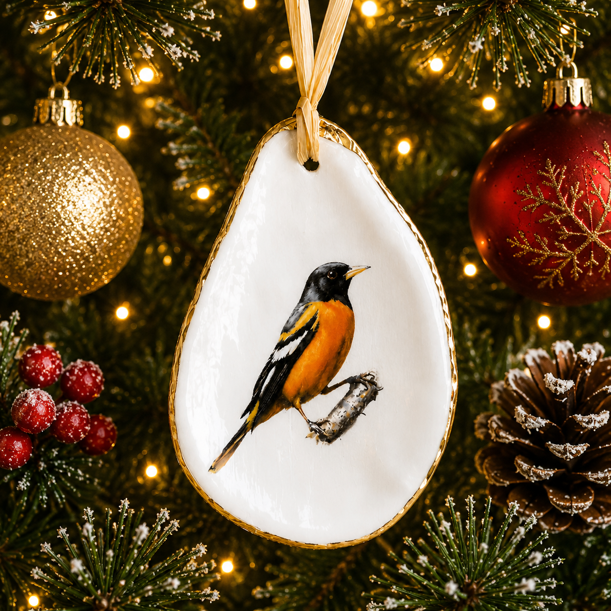 Baltimore Oriole Oyster Shell Ornament, Baltimore Oriole Lover Gift, Holiday Decor, Christmas Keepsake