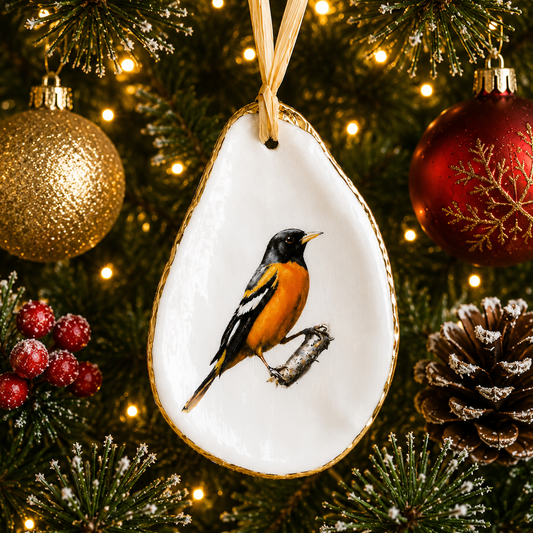 Baltimore Oriole Oyster Shell Ornament, Baltimore Oriole Lover Gift, Holiday Decor, Christmas Keepsake