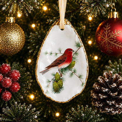 Rose Finch Oyster Shell Ornament, Bird Lover Gift, Woodland Holiday Decor, Christmas Keepsake