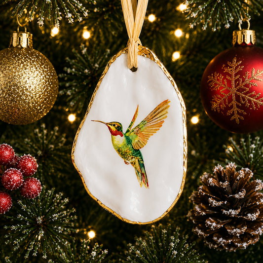 Ruby-Throated Hummingbird Oyster Shell Ornament, Hummingbird Lover Gift, Christmas Keepsake