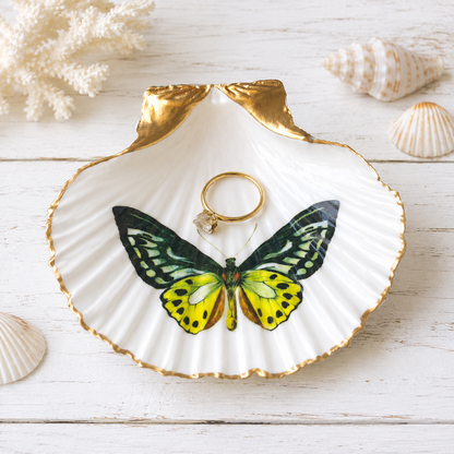 Butterfly Scallop Shell Trinket Dish, Handmade Gold Rim Jewelry Holder, Nature Lover Gift