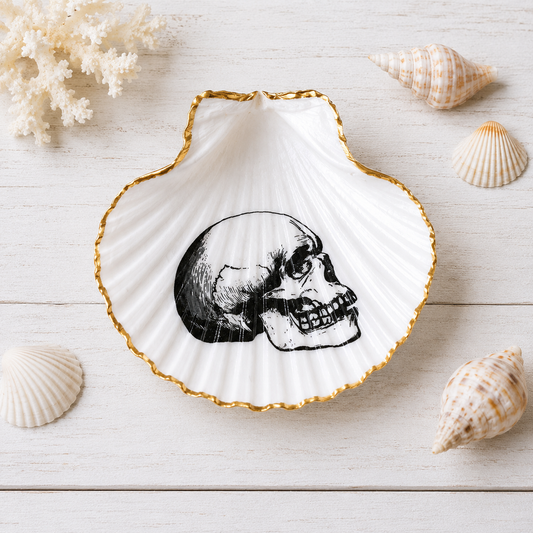 Vintage Skull Scallop Shell Trinket Dish, Gothic Ring Dish, Gold Rim Jewelry Holder, Dark Academia Decor, Halloween Gift