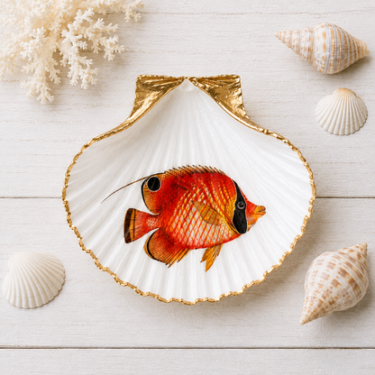Tropical Fish Scallop Shell Ring Dish, Coastal Jewelry Holder, Beach House Decor, Ocean Lover Gift