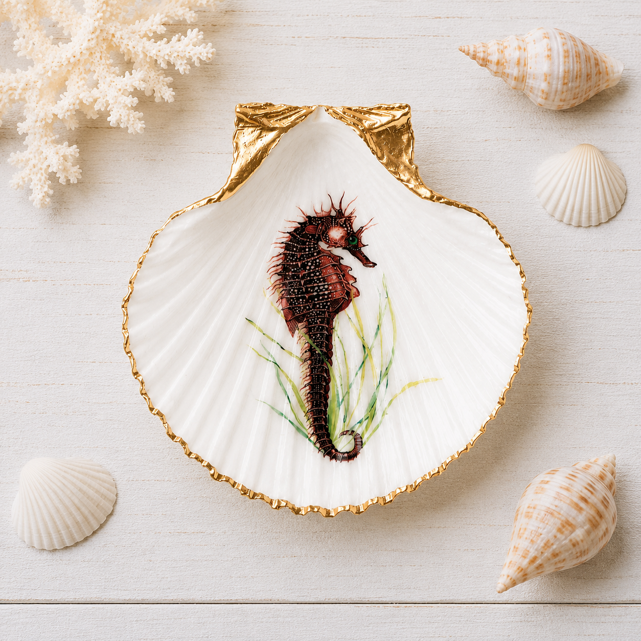 Vintage Seahorse Scallop Shell Ring Dish, Coastal Beach House Decor, Ocean Lover Gift