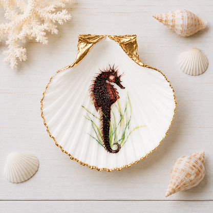 Vintage Seahorse Scallop Shell Ring Dish, Coastal Beach House Decor, Ocean Lover Gift