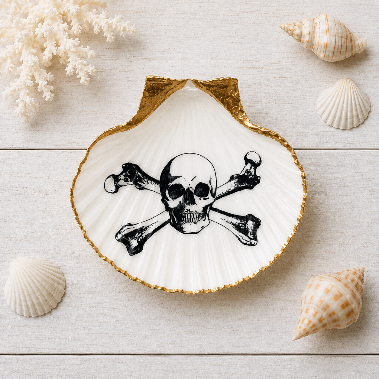 Skull & Crossbones Scallop Shell Trinket Dish, Pirate Ring Dish, Gothic Coastal Decor, Goth Gift