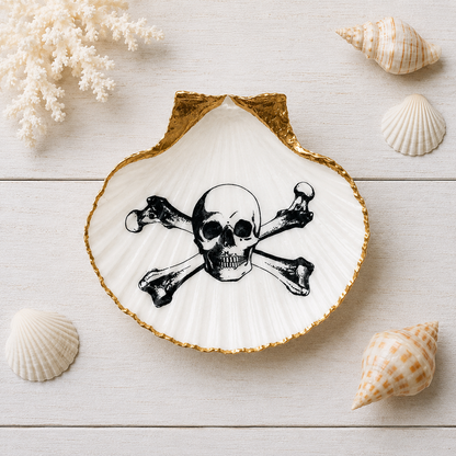 Skull & Crossbones Scallop Shell Trinket Dish, Pirate Ring Dish, Gothic Coastal Decor, Goth Gift