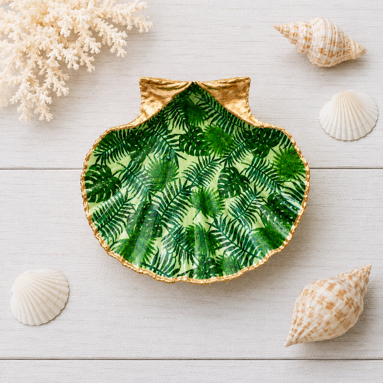Tropical Palm Scallop Shell Trinket Dish, Gold Rim Ring Dish, Coastal Chic Gift