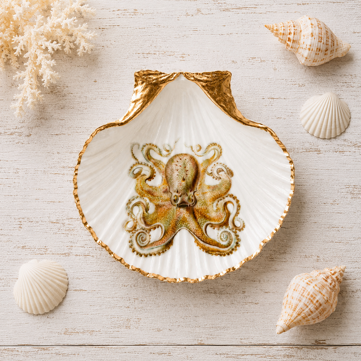 Octopus Scallop Shell Ring Dish, Coastal Jewelry Holder, Beach House Decor, Ocean Lover Gift