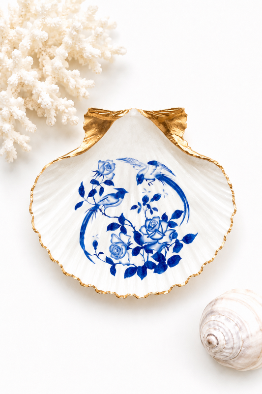 Blue & White Bird Scallop Shell Ring Dish, Chinoiserie Jewelry Holder, Coastal Cottage Decor, Gift for Her