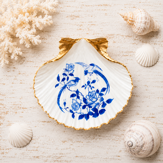 Blue & White Bird Scallop Shell Ring Dish, Chinoiserie Jewelry Holder, Coastal Cottage Decor, Gift for Her