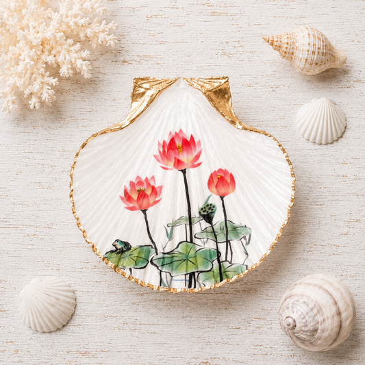Lotus Flower Oyster Shell Ring Dish, Pink Flower Jewelry Dish, Zen Gift, Coastal Nature Decor