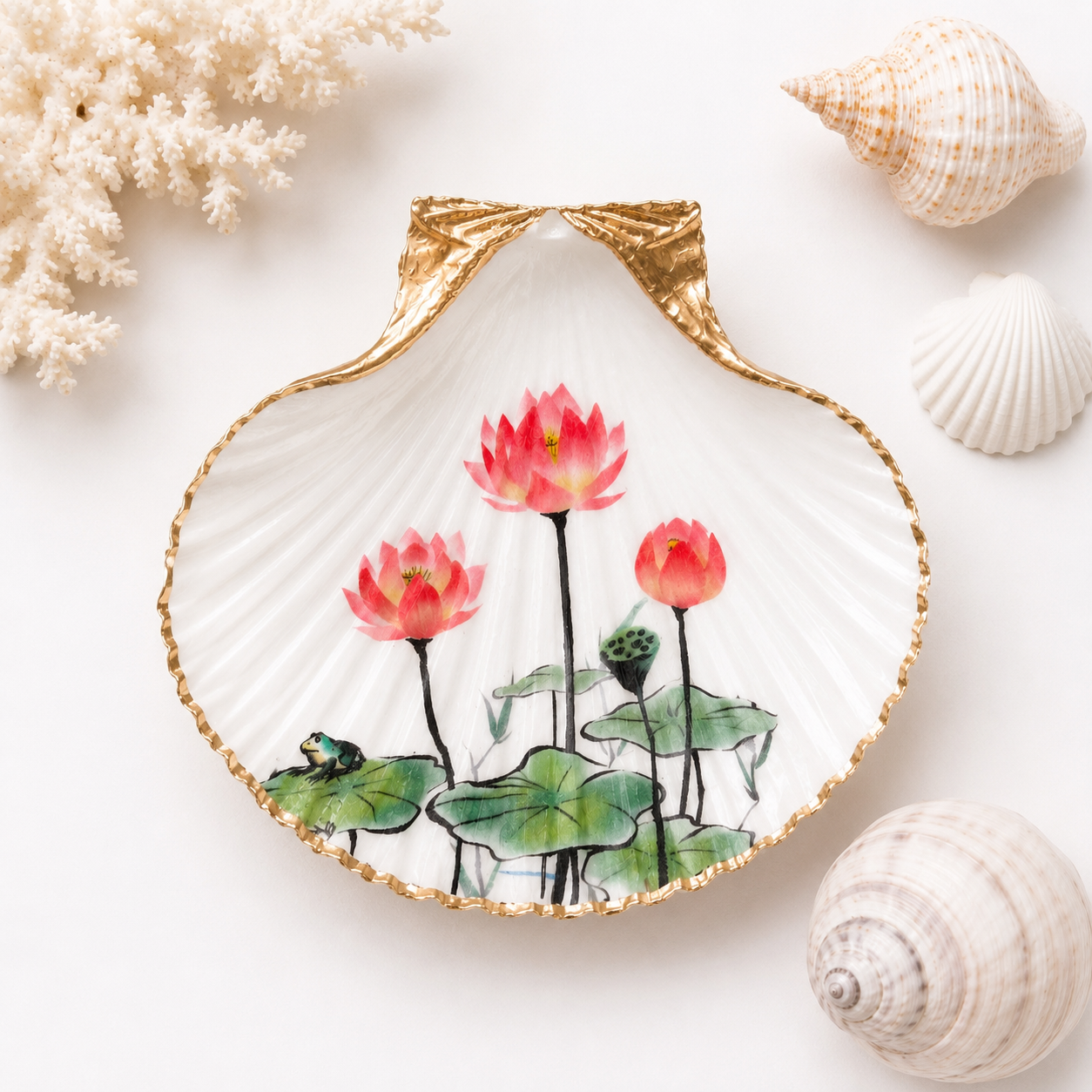 Lotus Flower Oyster Shell Ring Dish, Pink Flower Jewelry Dish, Zen Gift, Coastal Nature Decor