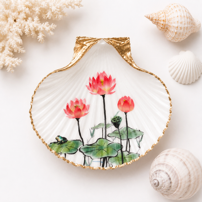 Lotus Flower Oyster Shell Ring Dish, Pink Flower Jewelry Dish, Zen Gift, Coastal Nature Decor