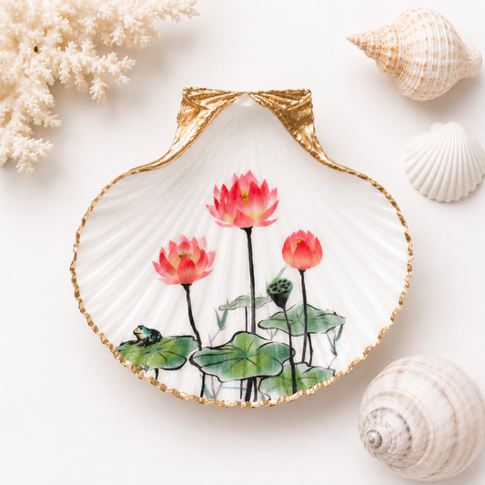Lotus Flower Oyster Shell Ring Dish, Pink Flower Jewelry Dish, Zen Gift, Coastal Nature Decor