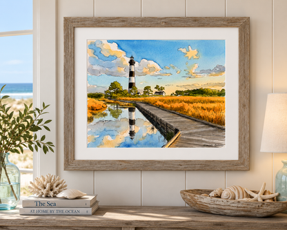 Bodie Island Watercolor, Outer Banks Coastal Wall Art, North Carolina Lighthouse Artwork, Archival Fine Art Print