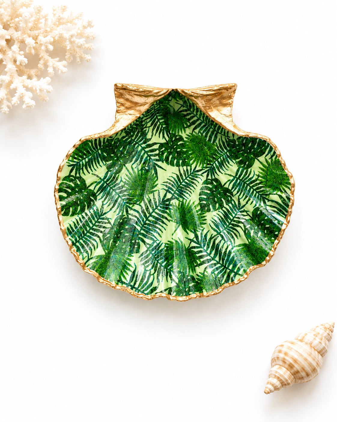 Tropical Palm Scallop Shell Trinket Dish, Gold Rim Ring Dish, Coastal Chic Gift