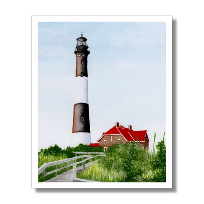 Fire Island Lighthouse Art, Original Watercolor Print, Sunny Summer Seascape Art, Beach House Coastal Decor Gift, Beachy Seaside Painting