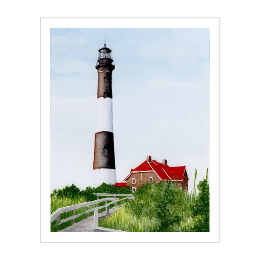 Fire Island Lighthouse Art, Original Watercolor Print, Sunny Summer Seascape Art, Beach House Coastal Decor Gift, Beachy Seaside Painting