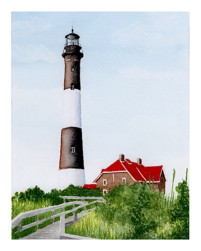 Fire Island Lighthouse Art, Original Watercolor Print, Sunny Summer Seascape Art, Beach House Coastal Decor Gift, Beachy Seaside Painting