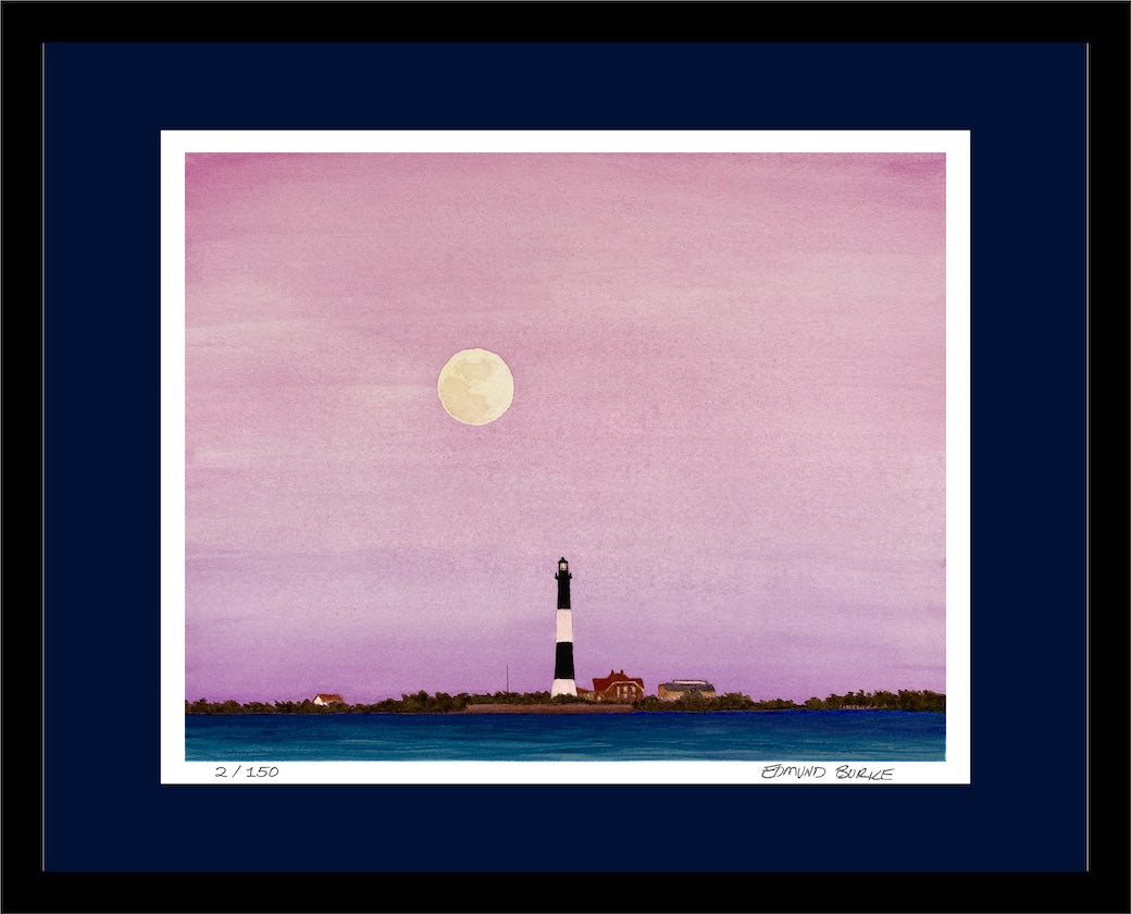 Fire Island Lighthouse, Giclée Print of Original Watercolor, Coastal Wall Art, Moonrise Beach Scene, Limited Edition East Coast Landscape