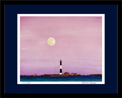 Fire Island Lighthouse, Giclée Print of Original Watercolor, Coastal Wall Art, Moonrise Beach Scene, Limited Edition East Coast Landscape