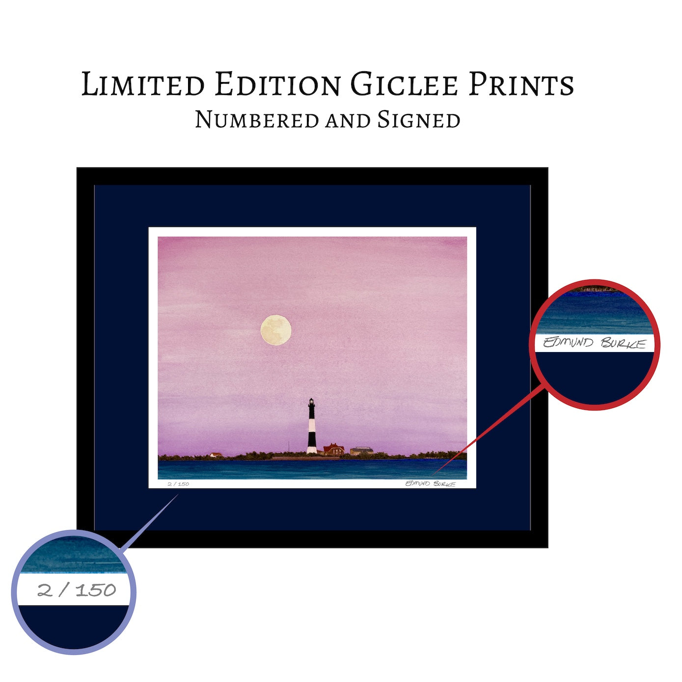 Fire Island Lighthouse, Giclée Print of Original Watercolor, Coastal Wall Art, Moonrise Beach Scene, Limited Edition East Coast Landscape