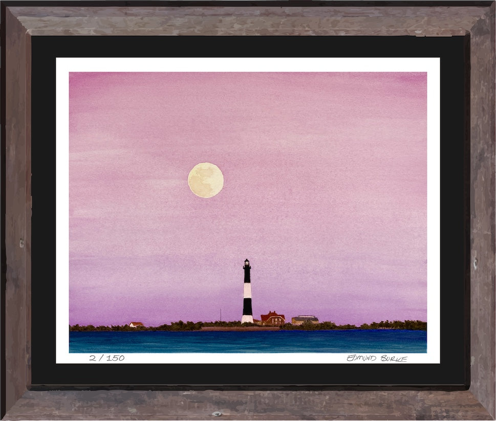 Fire Island Lighthouse, Giclée Print of Original Watercolor, Coastal Wall Art, Moonrise Beach Scene, Limited Edition East Coast Landscape