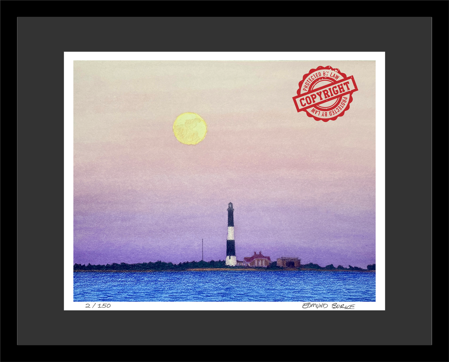 Fire Island Lighthouse, Giclée Print of Original Watercolor, Coastal Wall Art, Moonrise Beach Scene, Limited Edition East Coast Landscape