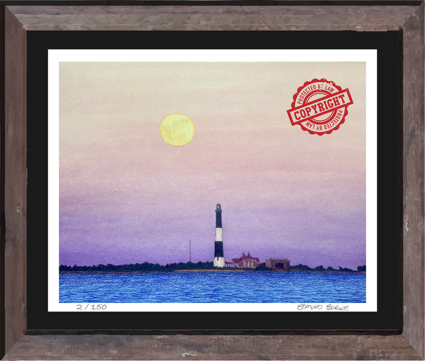 Fire Island Lighthouse, Giclée Print of Original Watercolor, Coastal Wall Art, Moonrise Beach Scene, Limited Edition East Coast Landscape