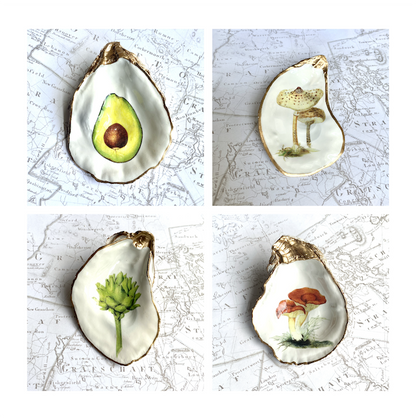 Decoupage Oyster Shell Jewelry Dish, Botanical Design, Beach House Decor, Kitchen Accent