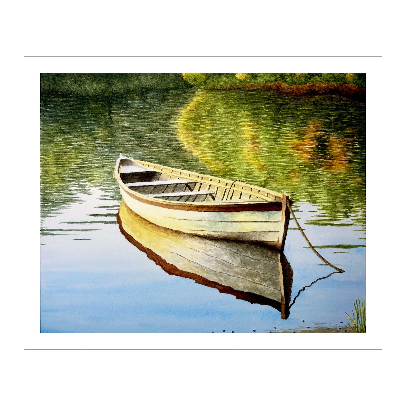 Original Watercolor Print of an old skiff in shallow waters – Coastal Wall Art
