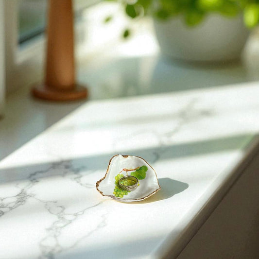 Grape Cluster Oyster Shell Ring Dish – Wine Gift Idea – Gold Leaf Fruit Trinket Dish – Cottagecore Kitchen Decor,Decoupage Oyster Shell Dish