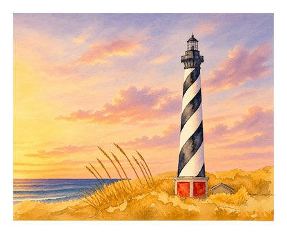 Cape Hatteras Lighthouse Watercolor Print | Original Outer Banks Art | North Carolina Coastal Wall Decor | Nautical Beach House Artwork