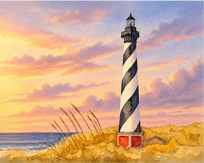 Cape Hatteras Lighthouse Watercolor Print | Original Outer Banks Art | North Carolina Coastal Wall Decor | Nautical Beach House Artwork