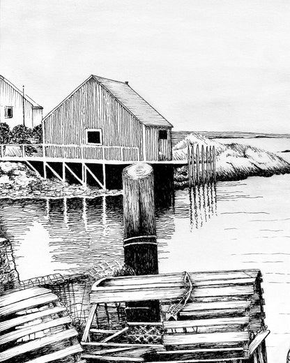 Pen & Ink Print of Peggy’s Cove Fishing Village – Halifax, Nova Scotia, Coastal Artwork